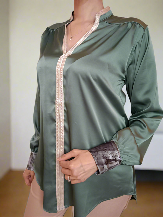 Blouse Élégante Moderne Vert Pastel Artisanat Marocain Satin Mélangé